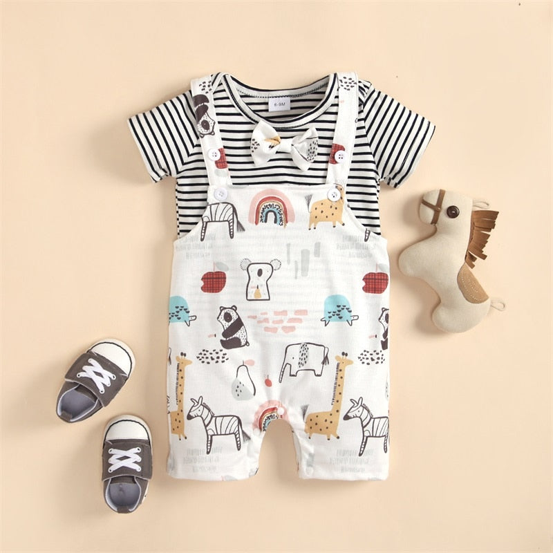 Adorable Newborn Baby Casual Outfit - Short Sleeve Stripe Top and Cartoon Animal Suspender Pants Set