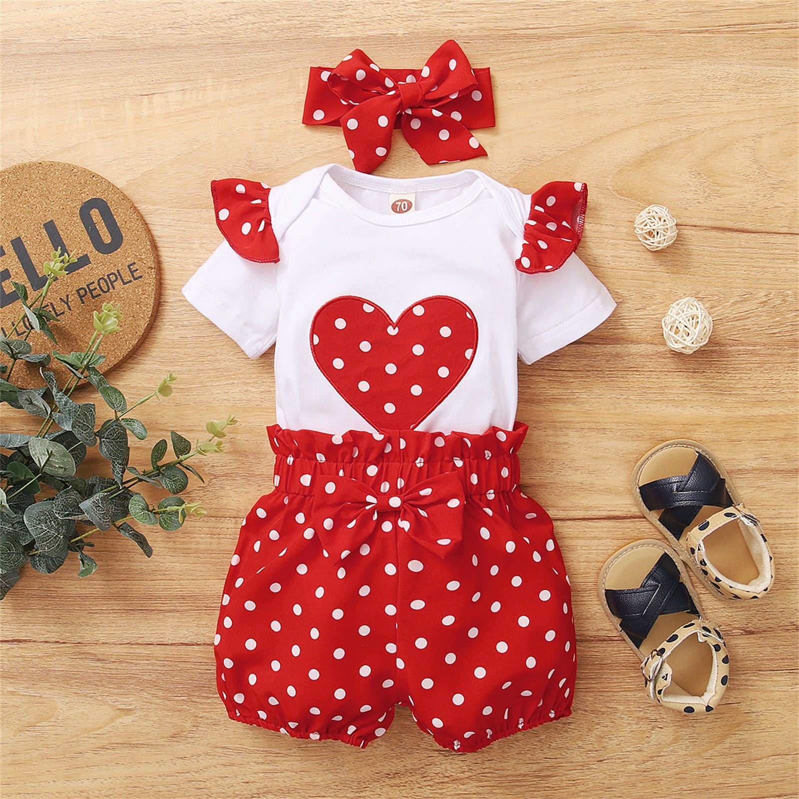Stylish 3PCS Sets for Newborn Baby Girls - Short Ruffled Sleeve Patchwork Romper Tops Polka Dot Shorts Outfits With Headbands for Summer
