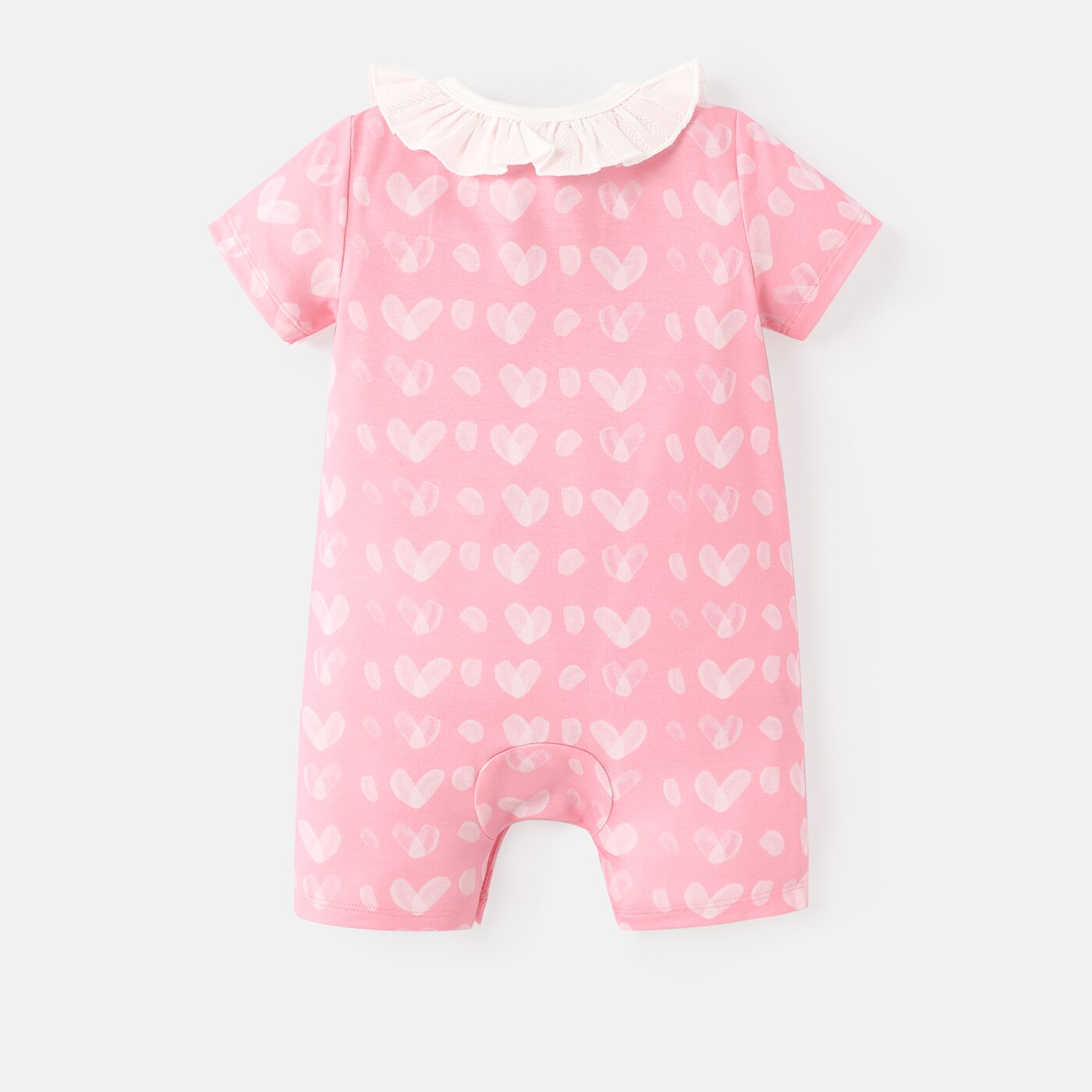 PatPat Valentine's Day Baby Girl Allover Heart Print Ruffle Collar Short-sleeve Naia Romper