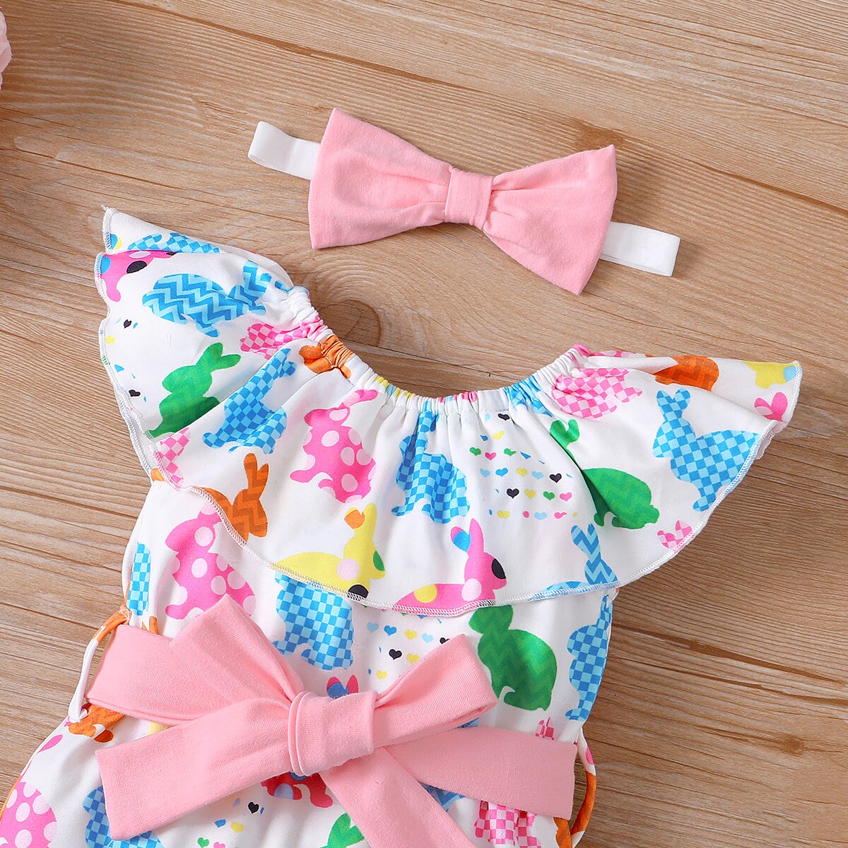 Easter 3pcs Baby Girl Rabbit Jumpsuit with Belt & Headband Set