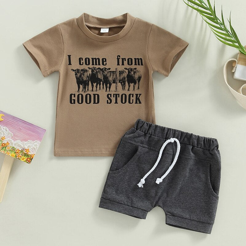 Cute Summer Outfit for Newborn and Toddler Boys and Girls - Cow Letter Print T-Shirt and Drawstring Shorts Set