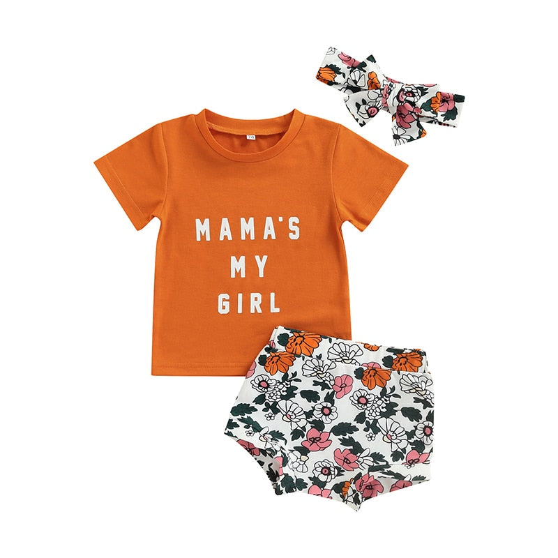 Summer Infant Baby Girls Clothes Sets - Letter Print Short Sleeve T-shirt and Floral Shorts Outfits with Headband