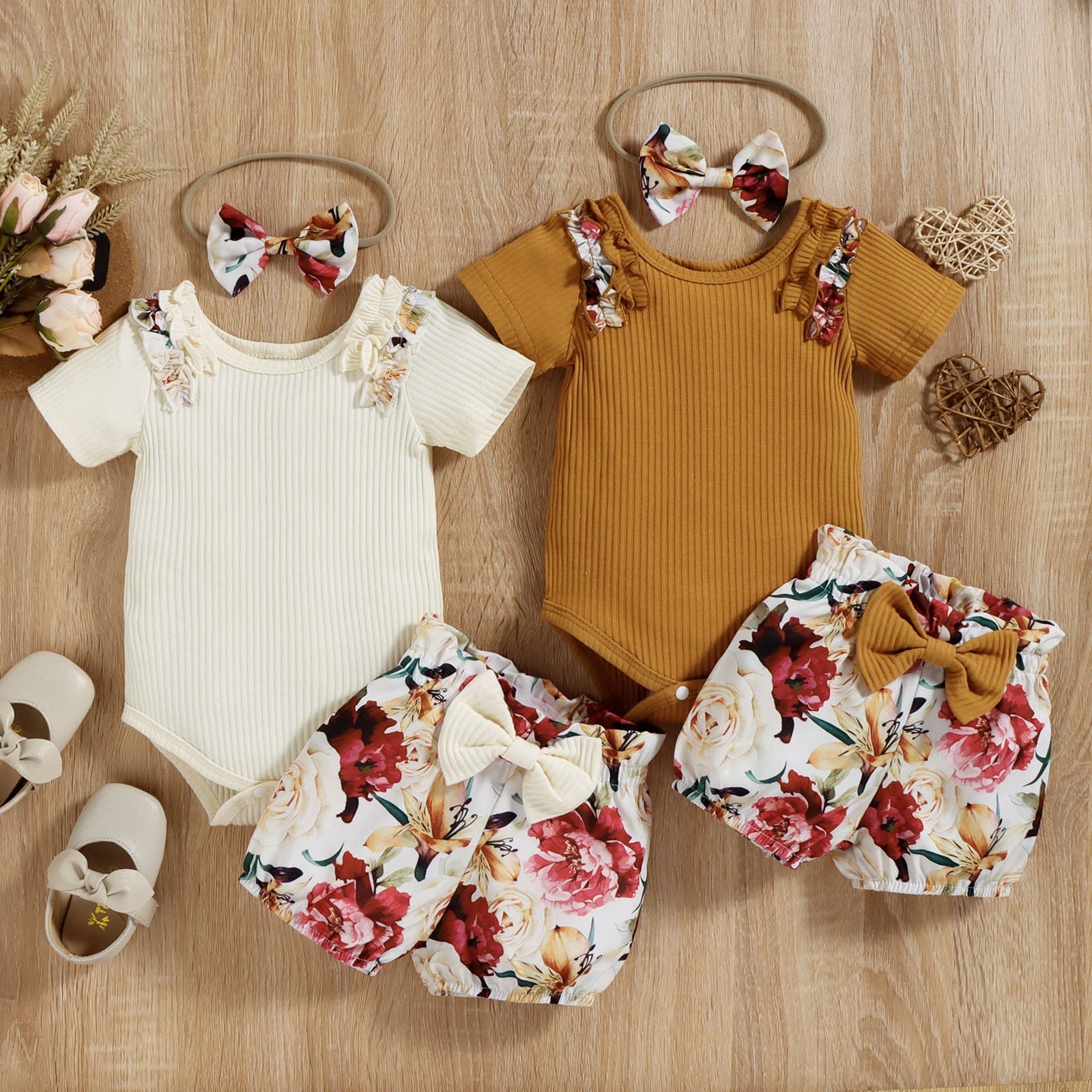 Adorable Newborn Baby Girls Clothes Sets with Ruffled Tops and Bow Print Shorts