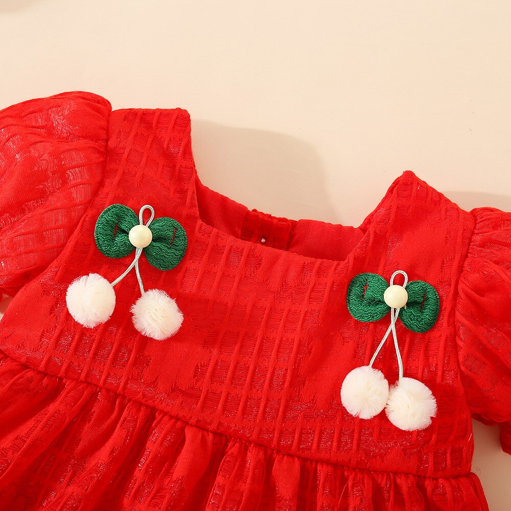 Sweet Baby Girls Puff Sleeve Dresses Cherry Solid Color Party Evening Dress