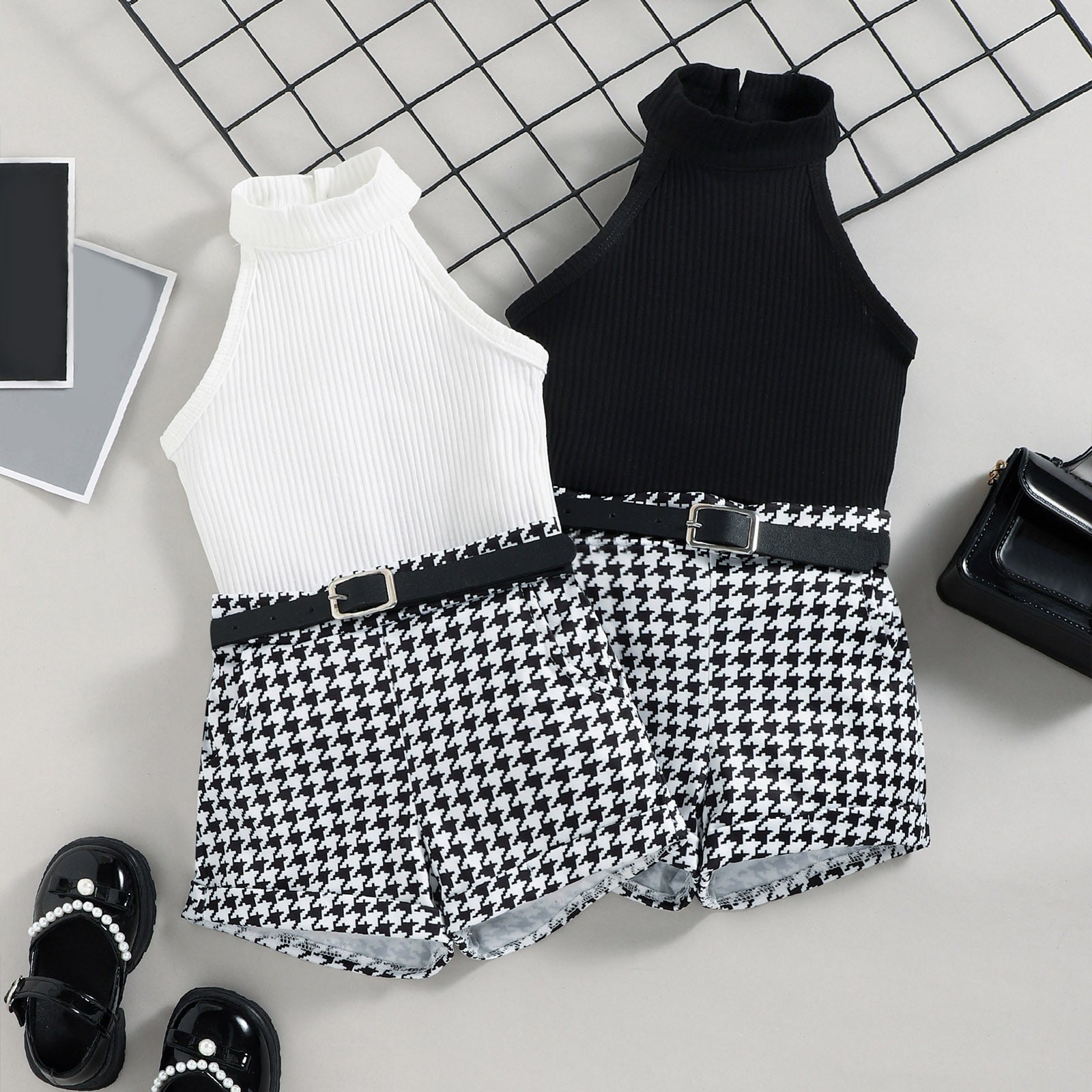 Little Girl's Sleeveless Ribbed Outfit Set - Solid Color Stand-Up Collar Top + Belted Shorts