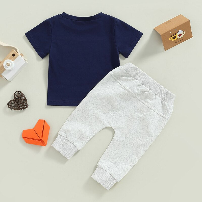 Fashionable Summer Toddler Boys Clothes Sets: Letter Print Short Sleeve Cotton T-shirts + Solid Long Pants Sportswear Outfits