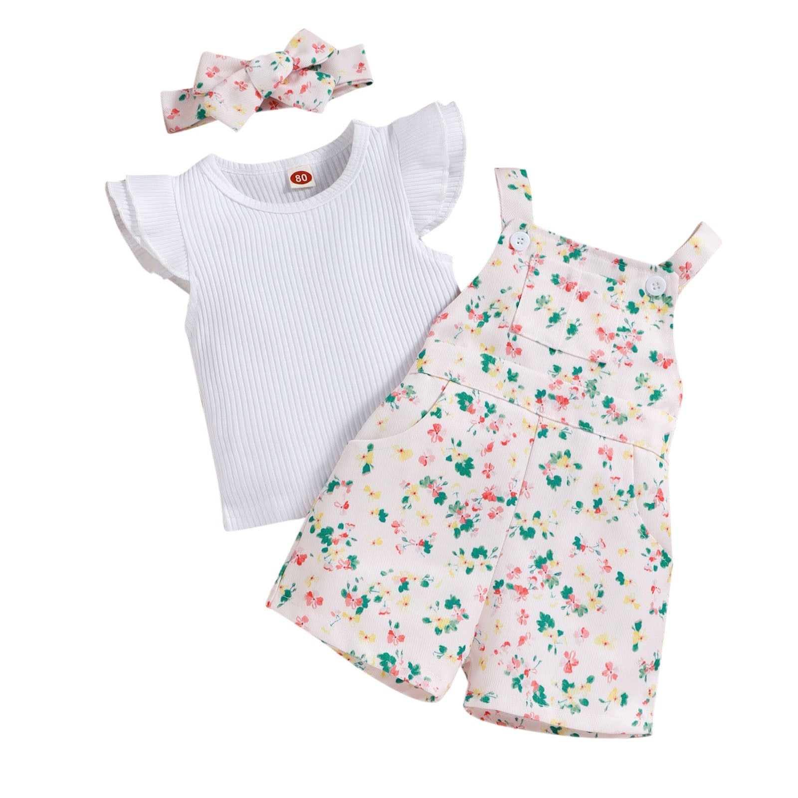 Adorable Infant Baby Girls Clothes Sets with Fly Sleeve Plain Tees and Floral Suspender Shorts