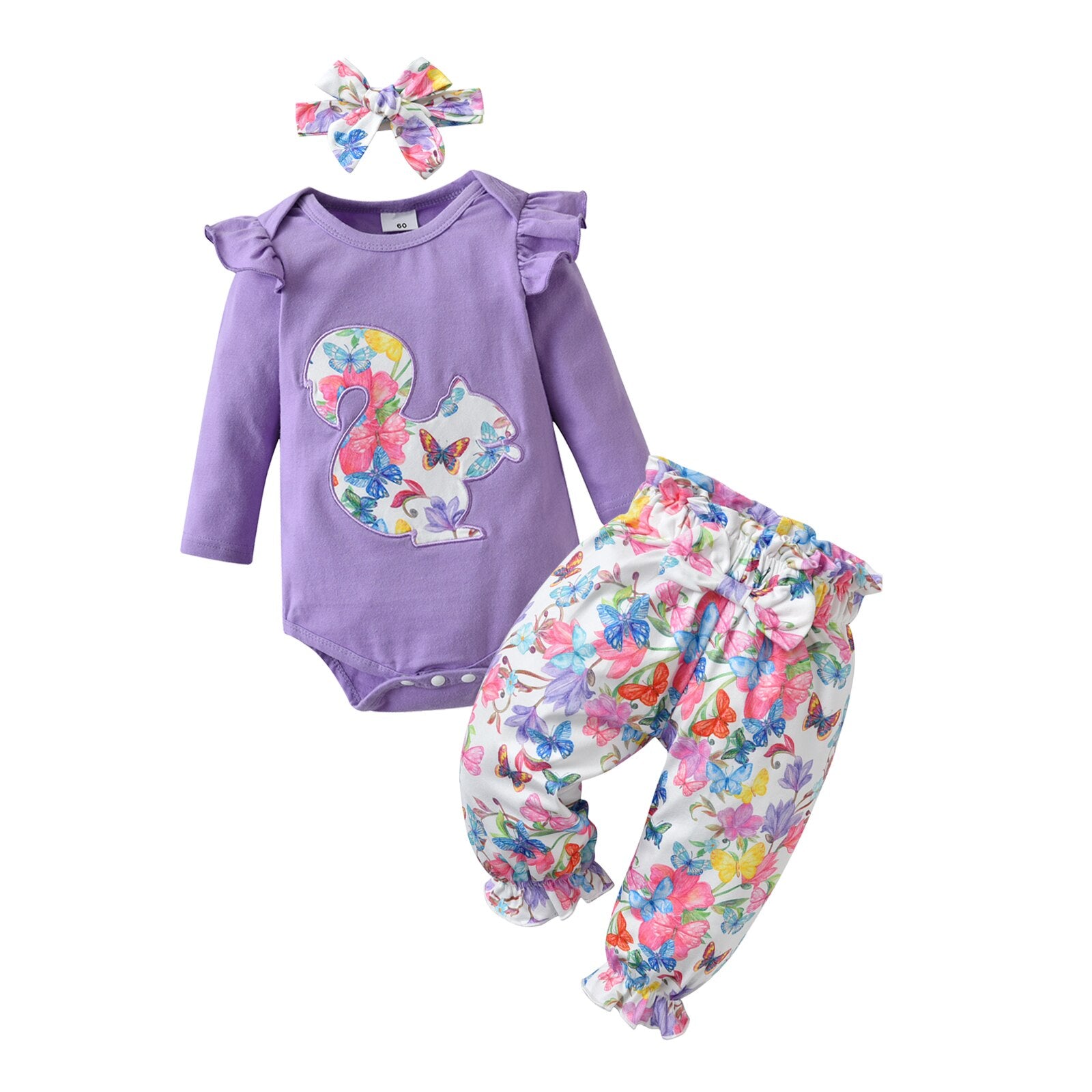 Adorable Butterfly-themed Newborn Baby Girl Clothes Set with Fly Sleeve Bodysuit, Flower Pant and Bow Headband Outfit