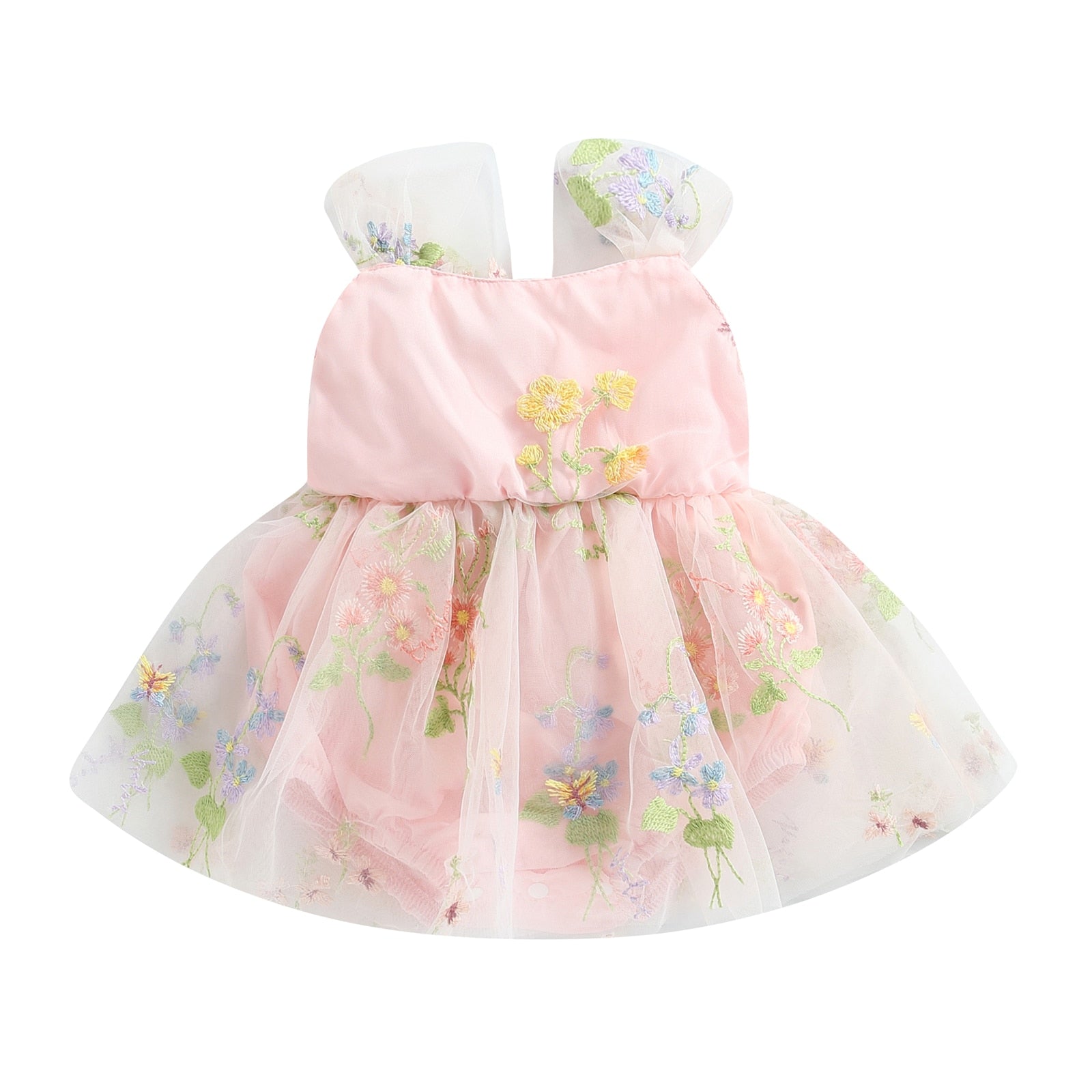 Baby Girl Princess Romper Dress with Floral Embroidery and Lace Mesh