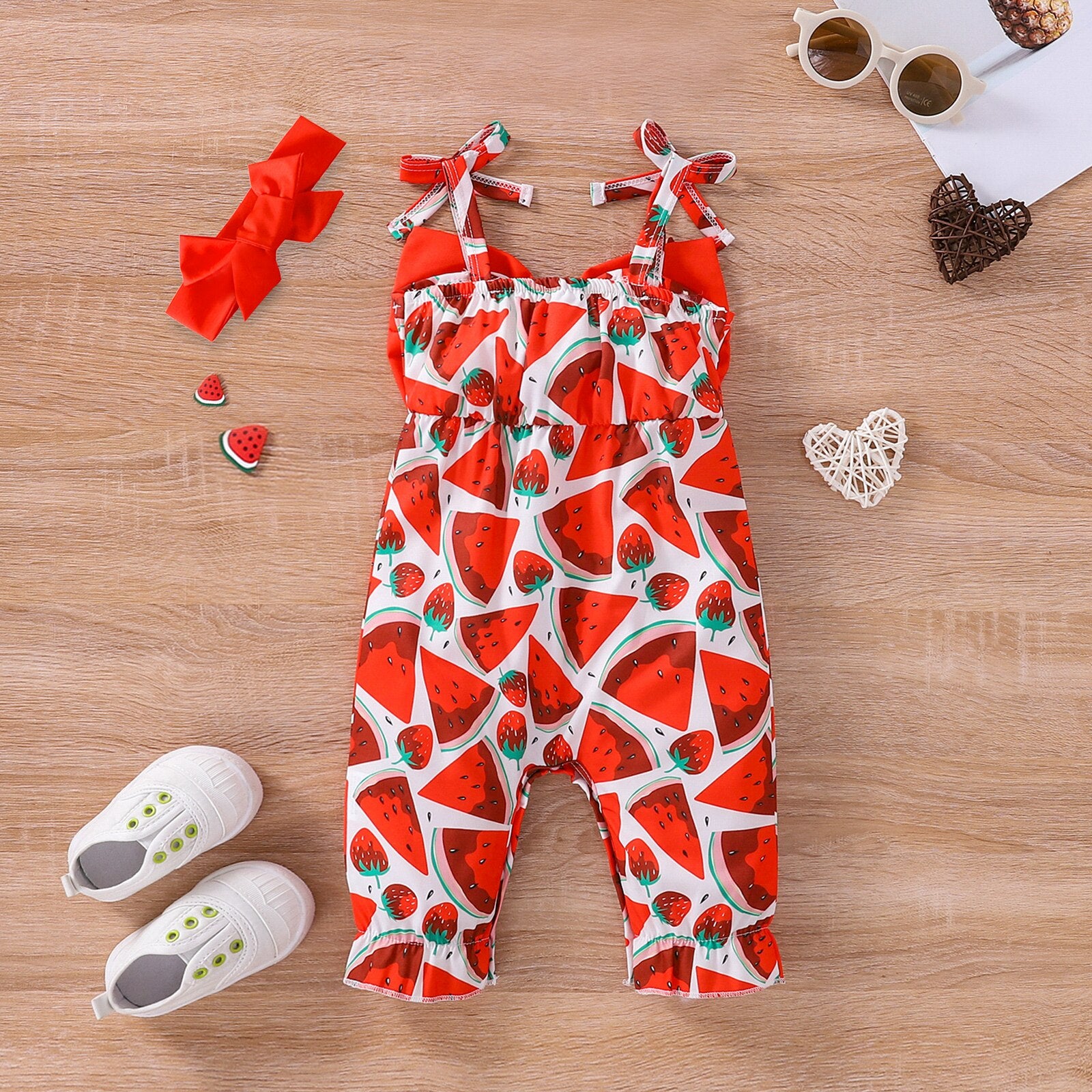 Cute and Comfortable Infant Baby Girls Watermelon Pattern Sleeveless Jumpsuit with Bow Headband for Summer
