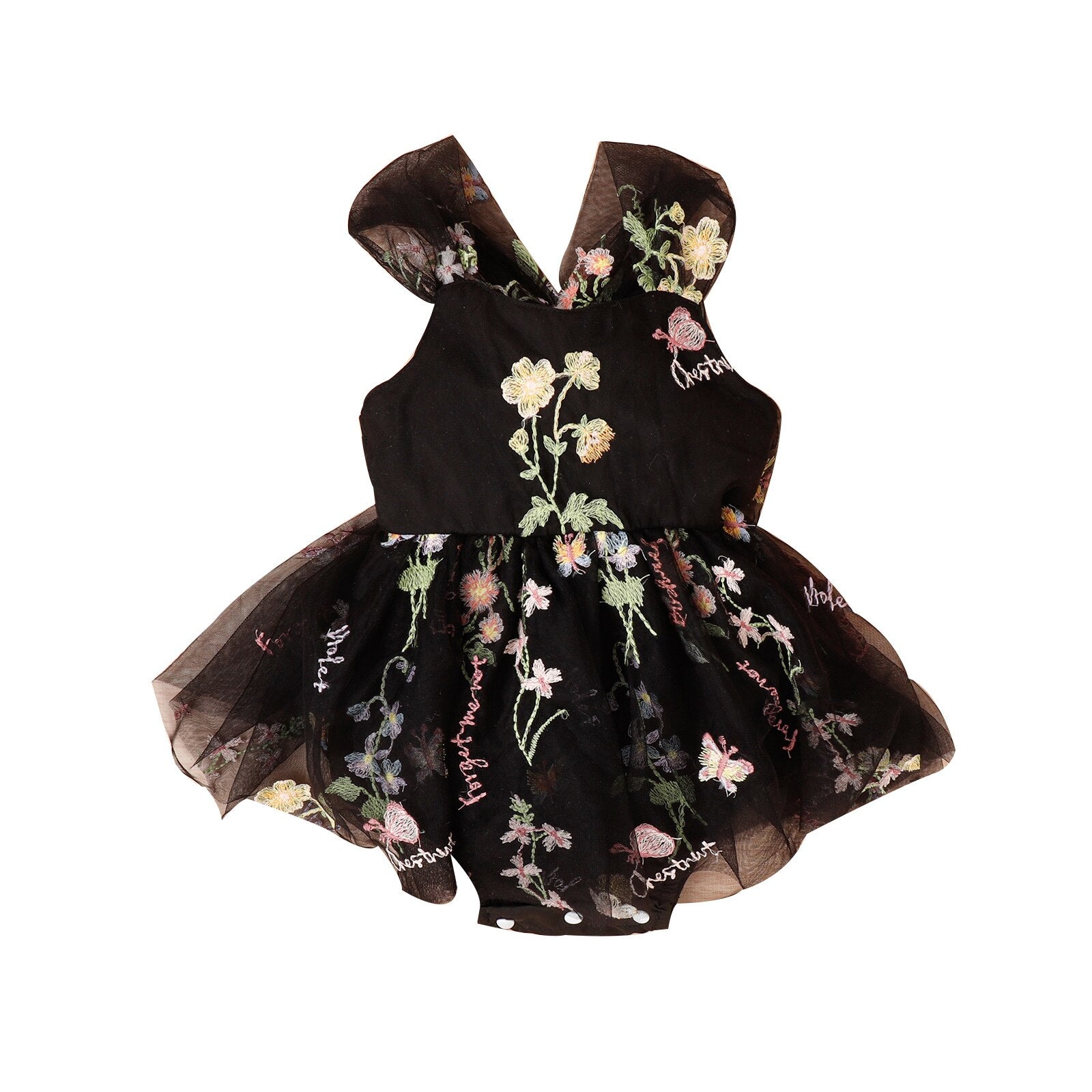 Baby Girl Princess Romper Dress with Floral Embroidery and Lace Mesh