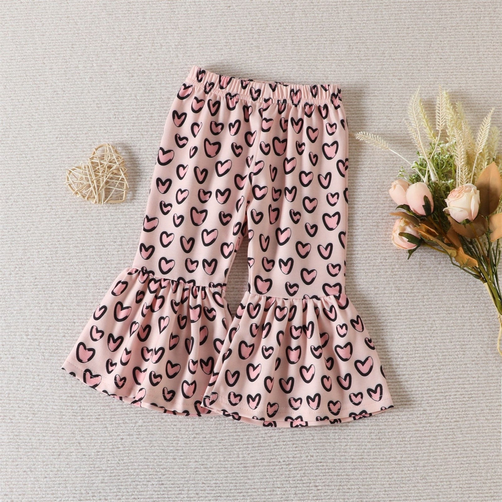 Valentine's Day Kids Girls 2pcs Clothes Sets Love Letter Long Sleeve Tops Bell Bottom Pants Sets Clothes Children Outfits