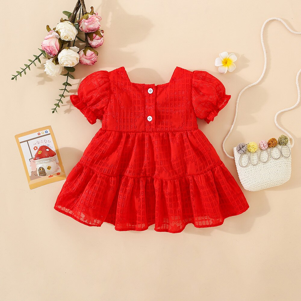 Sweet Baby Girls Puff Sleeve Dresses Cherry Solid Color Party Evening Dress