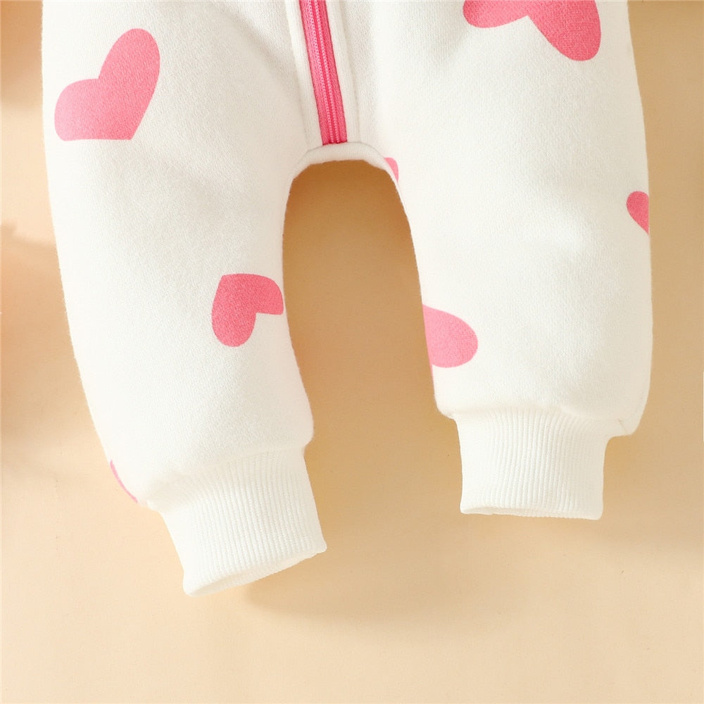 Zipper Hooded Jumpsuit for Kids Girls Clothing - Heart Print Baby Costume Valentine's Day Girls Playsuit Newborn Sleepwear