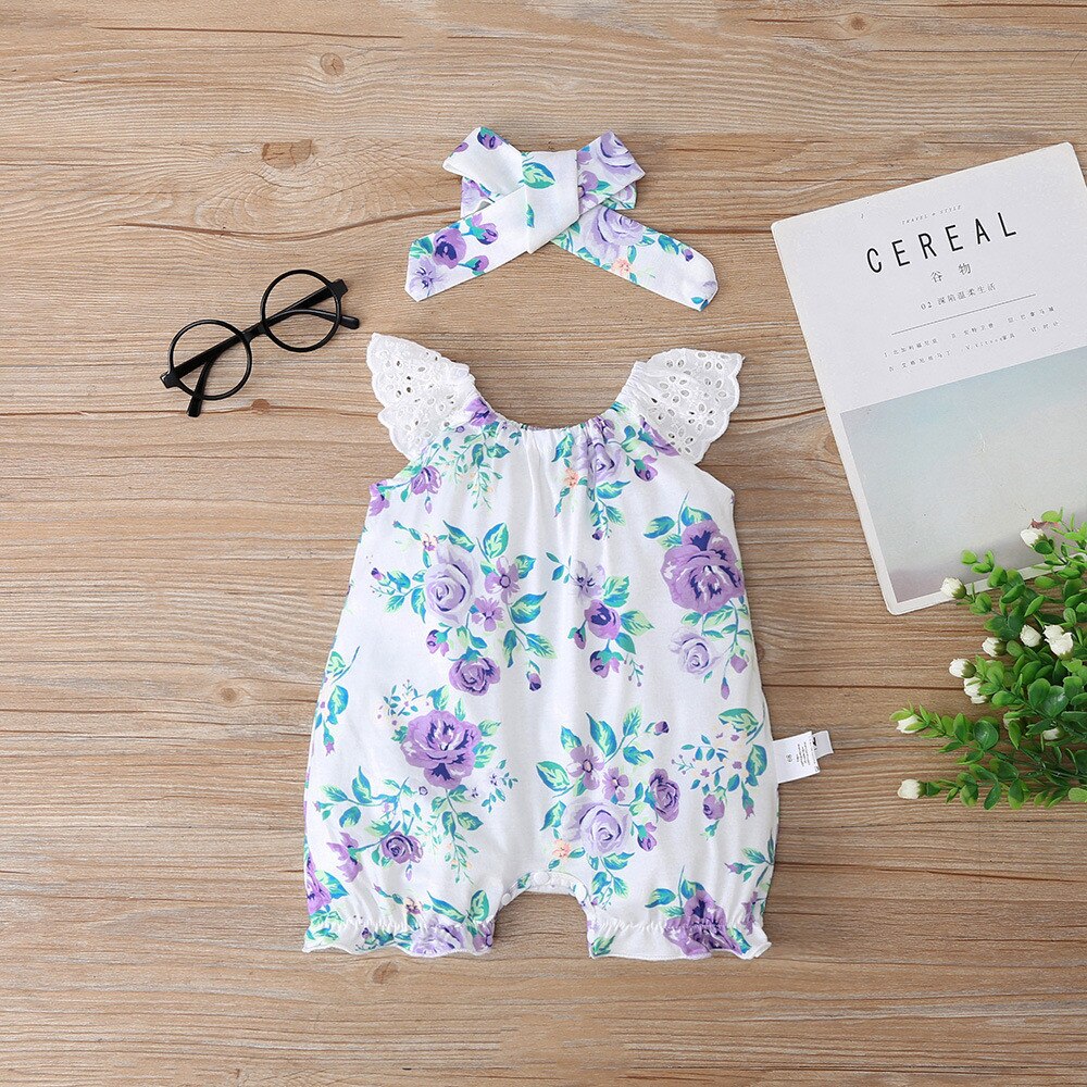 Adorable Floral Sleeveless Baby Rompers with Lace Details for Newborn Girls
