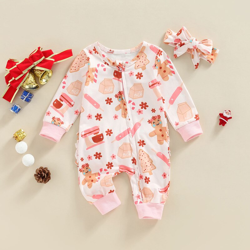 Baby Girls Christmas Romper 2pcs Long Sleeve Gingerbread Man/Santa Claus Print Zipped Jumpsuits Hairband