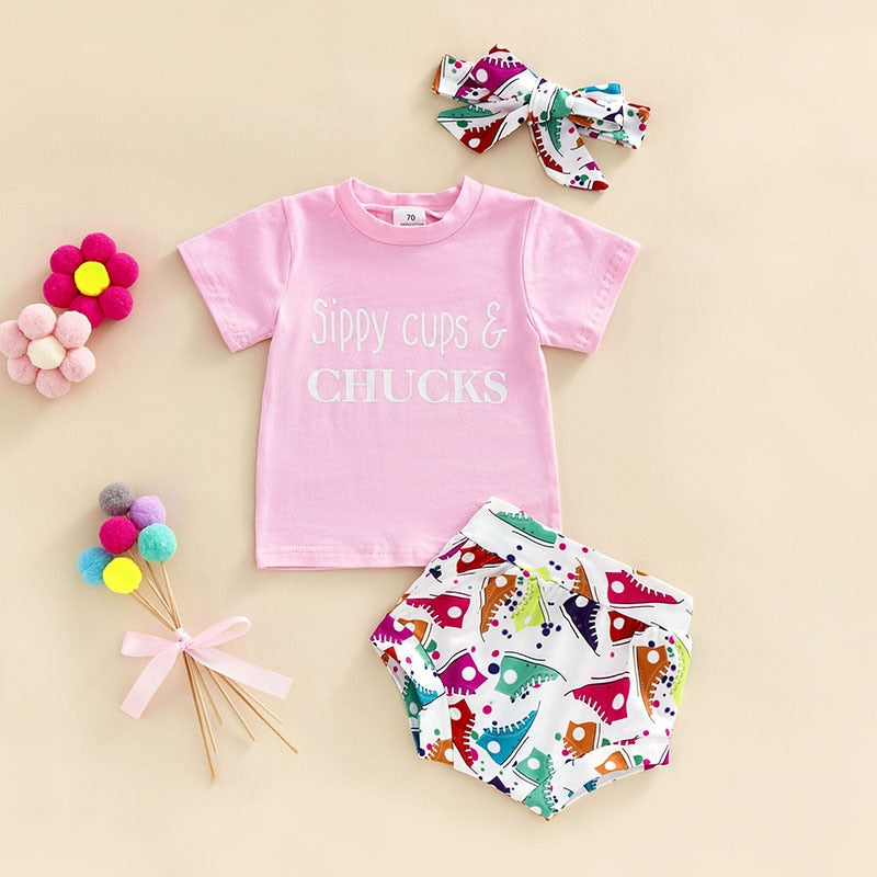 Cute Infant Baby Clothes Set with Letter Short Sleeve T-Shirts and Printed Shorts