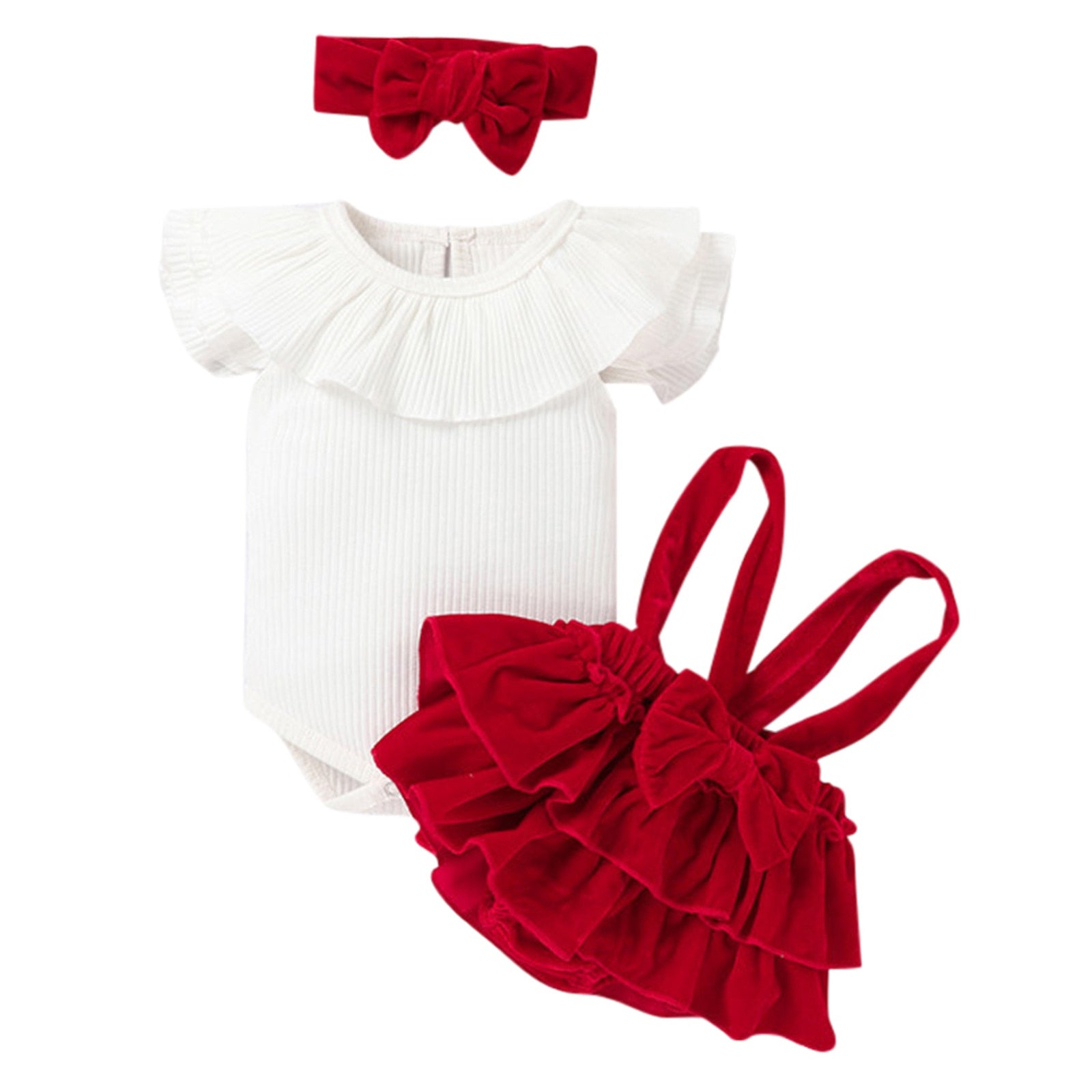Newborn Baby Girls Lovely Clothes Sets - 3pcs Flying Sleeve Ruffled Romper Velvet Suspender Shorts Headband Sets