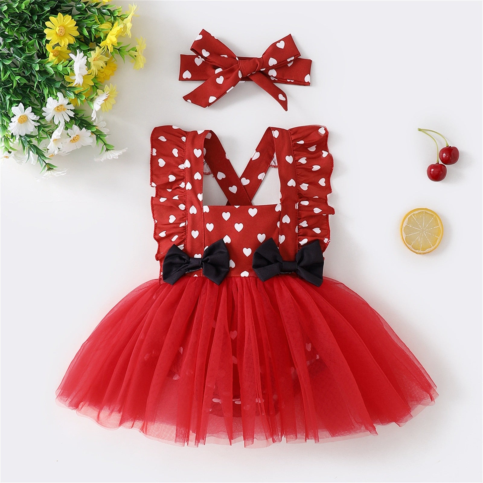 Newborn Girls Love Print Romper Dress: Sleeveless Tulle with Headband