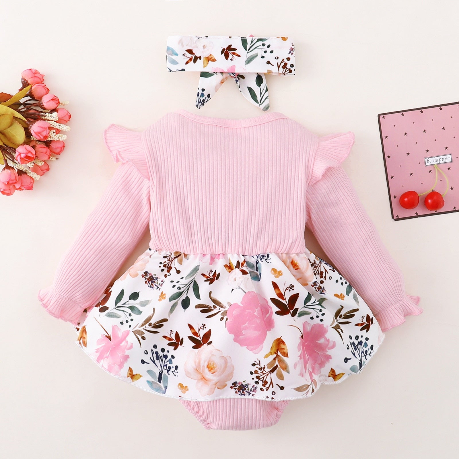 Adorable Newborn Baby Girls Bodysuit Outfits for Princesses - Long Sleeve Rompers with Floral Patchwork and Bow-Knot Headbands Sets
