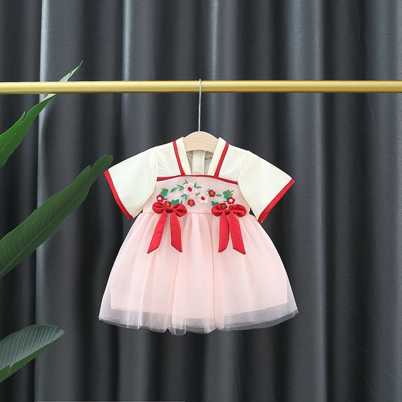 Vintage Chinese Style Embroidered Baby Party Mesh Dress for Girls