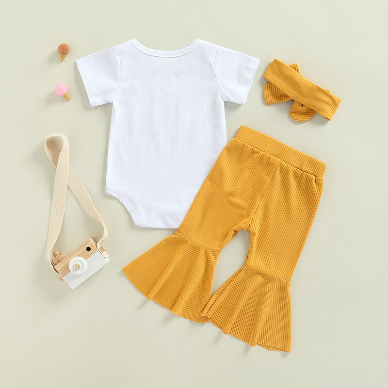 3pcs Fashion Summer Newborn Baby Girls Boys Clothes Sets Rainbow Print Short Sleeve Rompers Tops+Ribbed Knitted Flare Long Pants