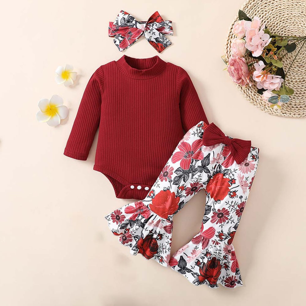 Adorable 3-Piece Set for Infant Girls: Long Sleeve Bodysuits and Pants for Casual Spring and Autumn Outfits