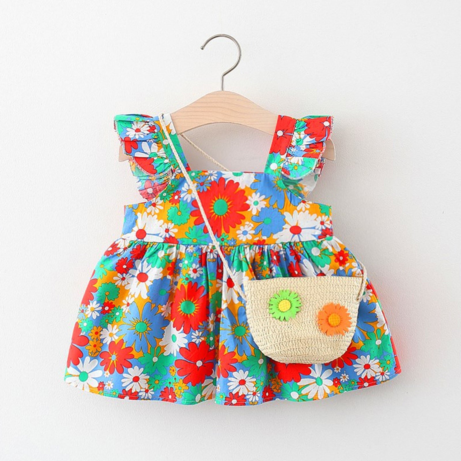 Summer Newborn Dress Flower Print Square Collar Princess Beach Flowers Dresses+Bag Little Girls Clothing