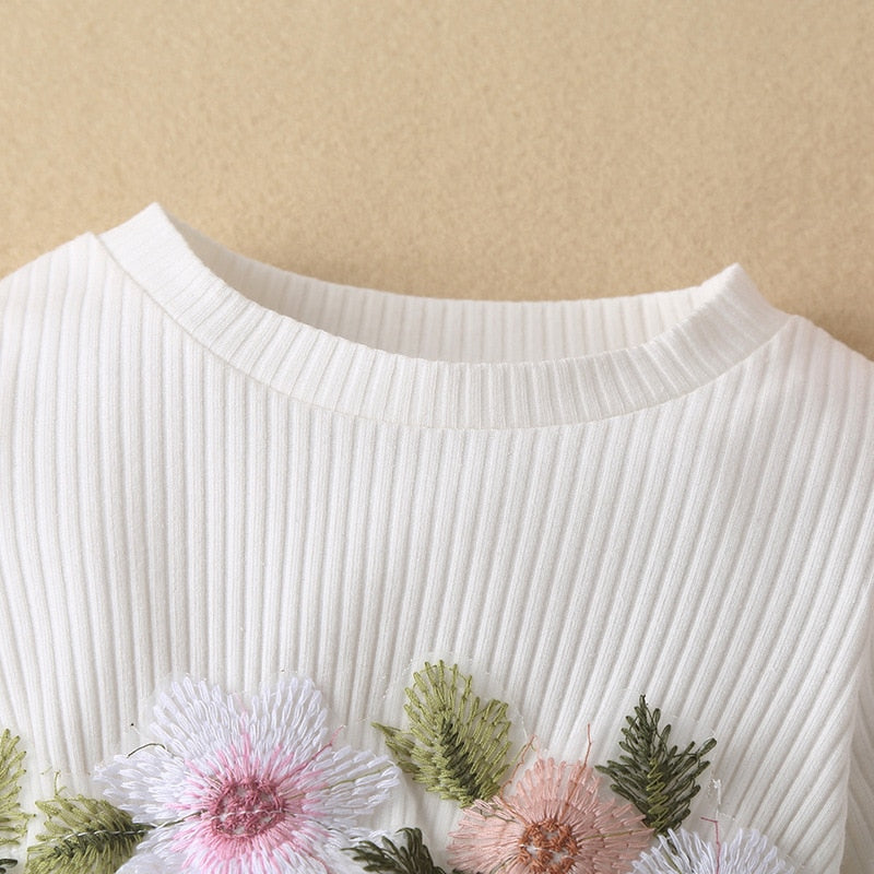 Infant Baby Girls Princess Dress: Long Sleeve Knitted Ribbed Flower Embroidery Lace Patchwork Layered Tutu Dress