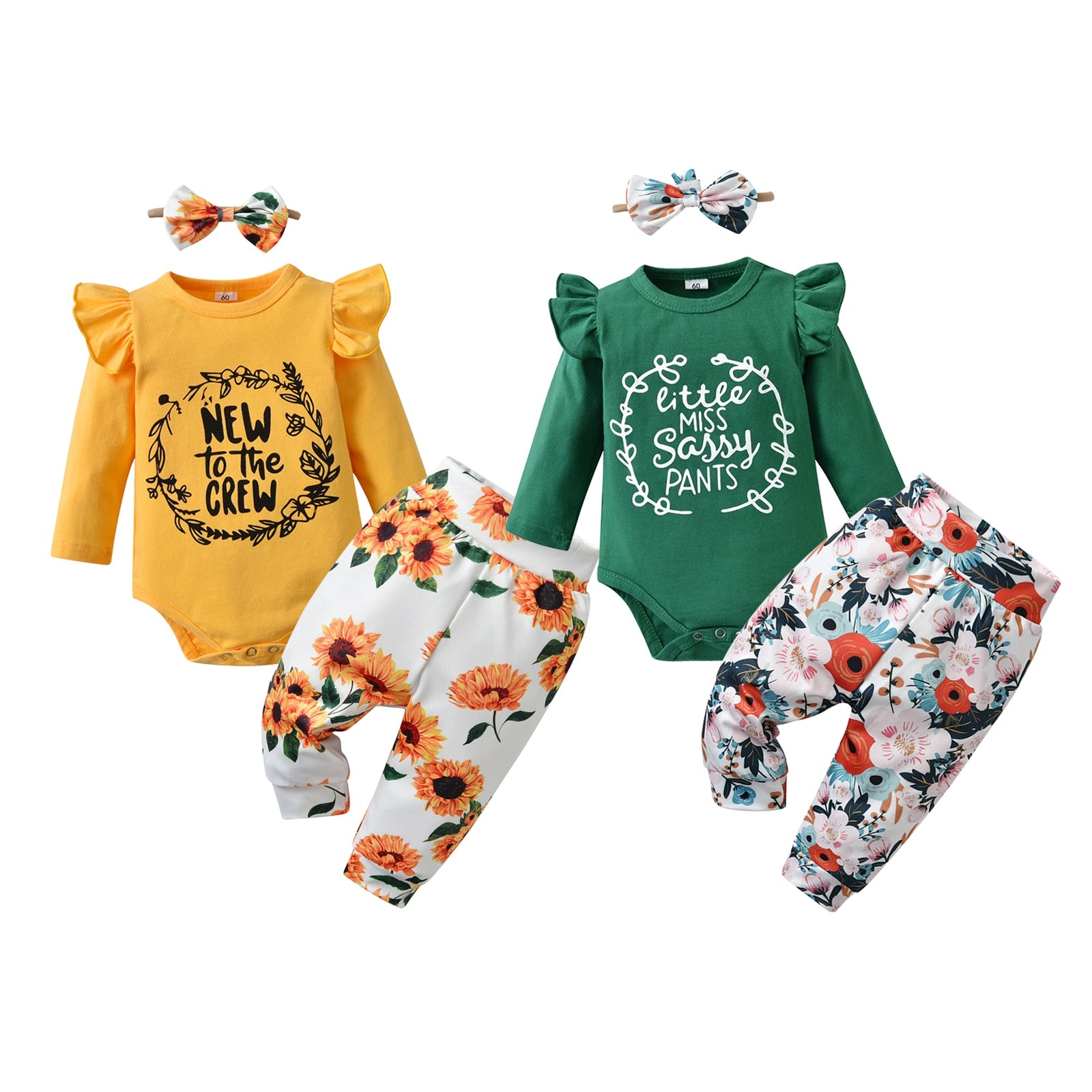 Cute Baby Girl Outfits Clothing Sets with Fly Sleeve Printed Romper, Flower Pants, and Headband