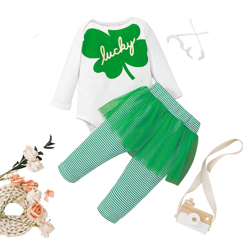 Adorable Baby Girls Costume - Clover Print Bodysuit and Stripe Pants Set