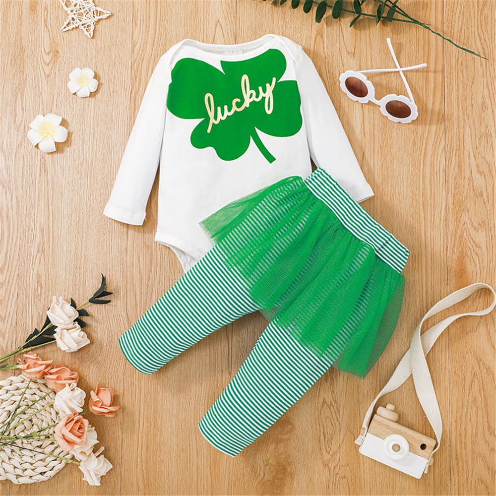 Adorable Baby Girls Costume - Clover Print Bodysuit and Stripe Pants Set