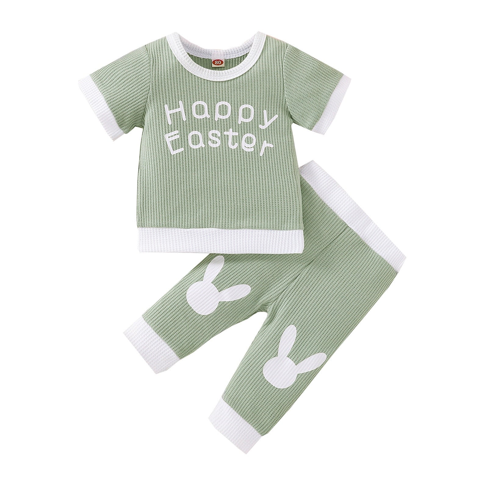 Adorable Easter Day Outfits for Baby Girls: 2pcs Short Sleeve T-Shirts and Long Pants Sets with Cute Rabbit Prints