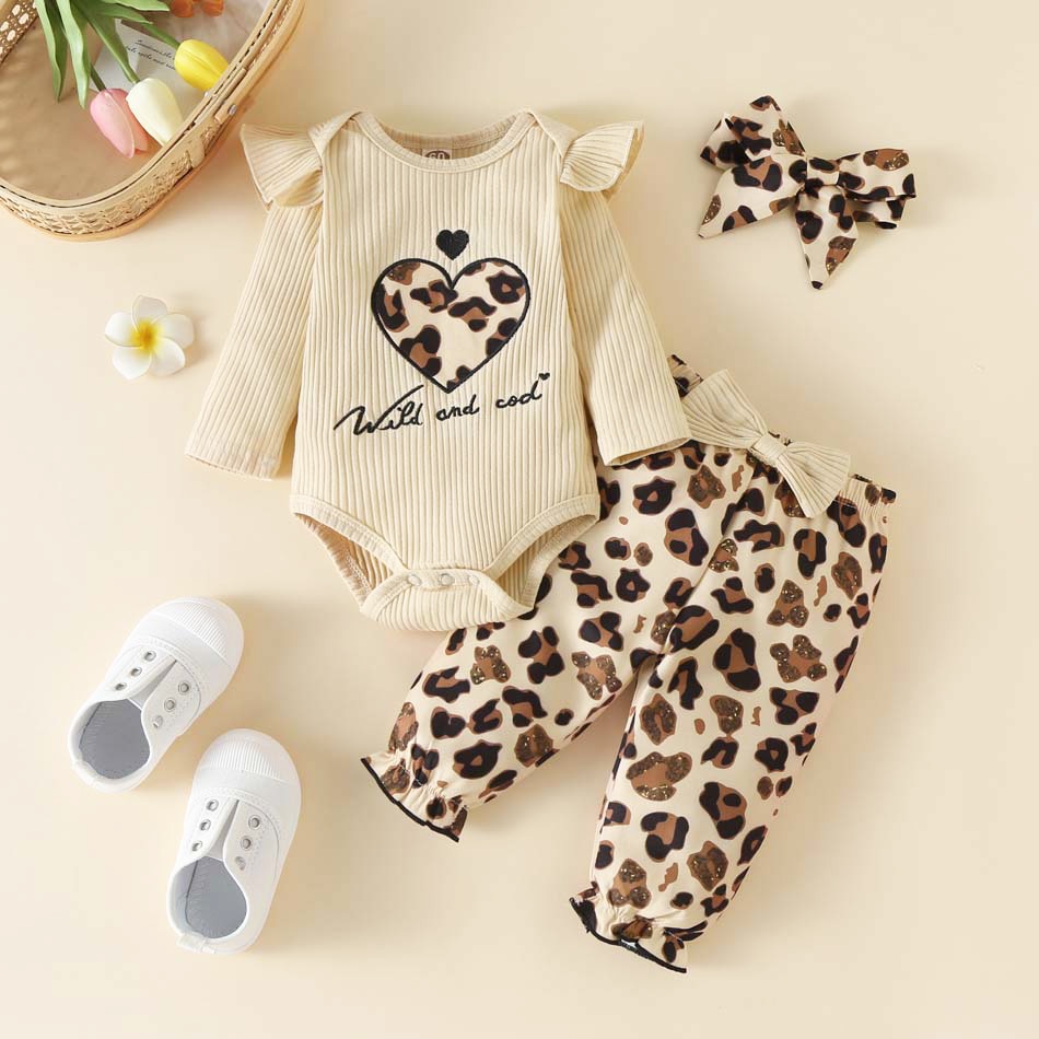 Bumeex Fashion Newborn Toddler Baby Girl Clothing Set Leopard Print Long Sleeve Top Jumpsuit Bow Trousers Headband 3 Piece Set