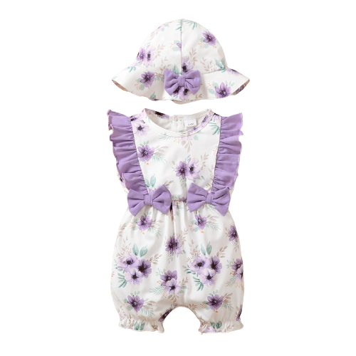 Adorable Baby Girl Summer Outfit: Ruffled Rompers with Bowknots and Sunhat