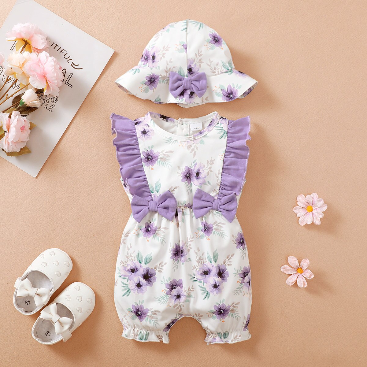 Adorable Baby Girl Summer Outfit: Ruffled Rompers with Bowknots and Sunhat
