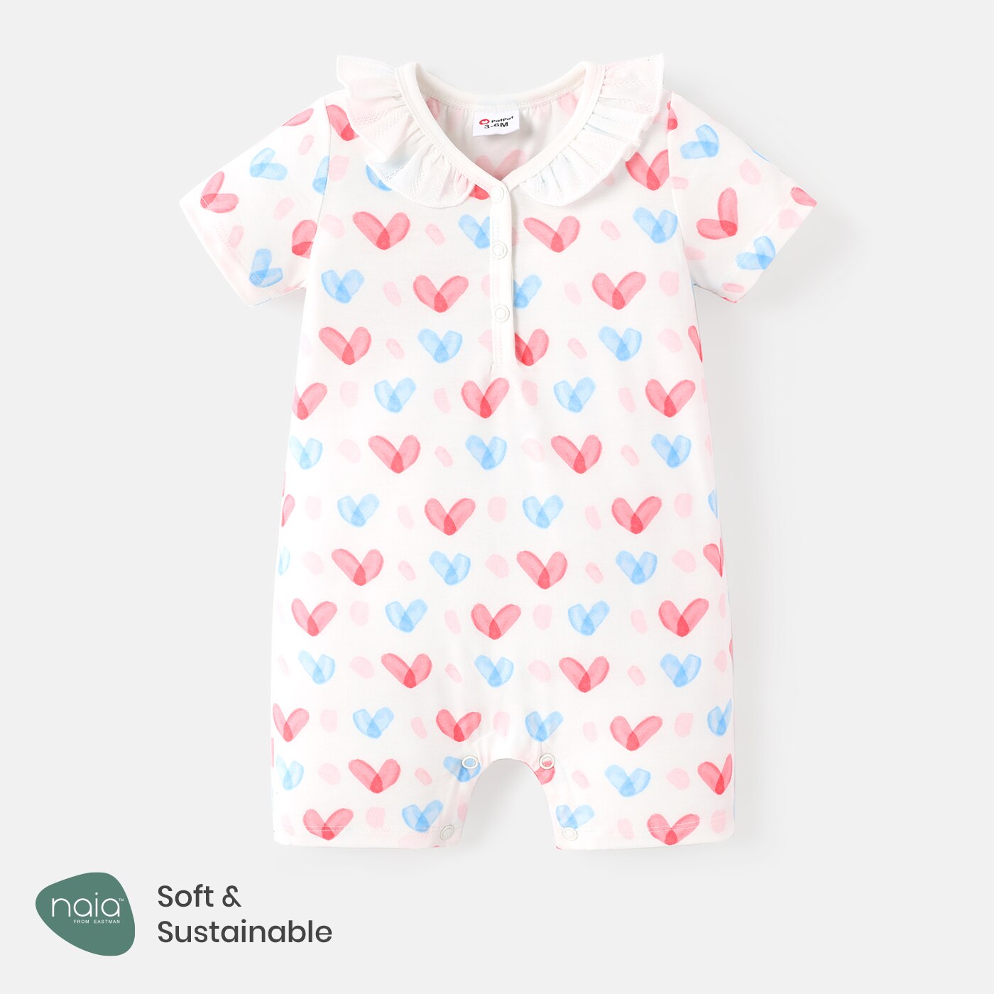PatPat Valentine's Day Baby Girl Allover Heart Print Ruffle Collar Short-sleeve Naia Romper