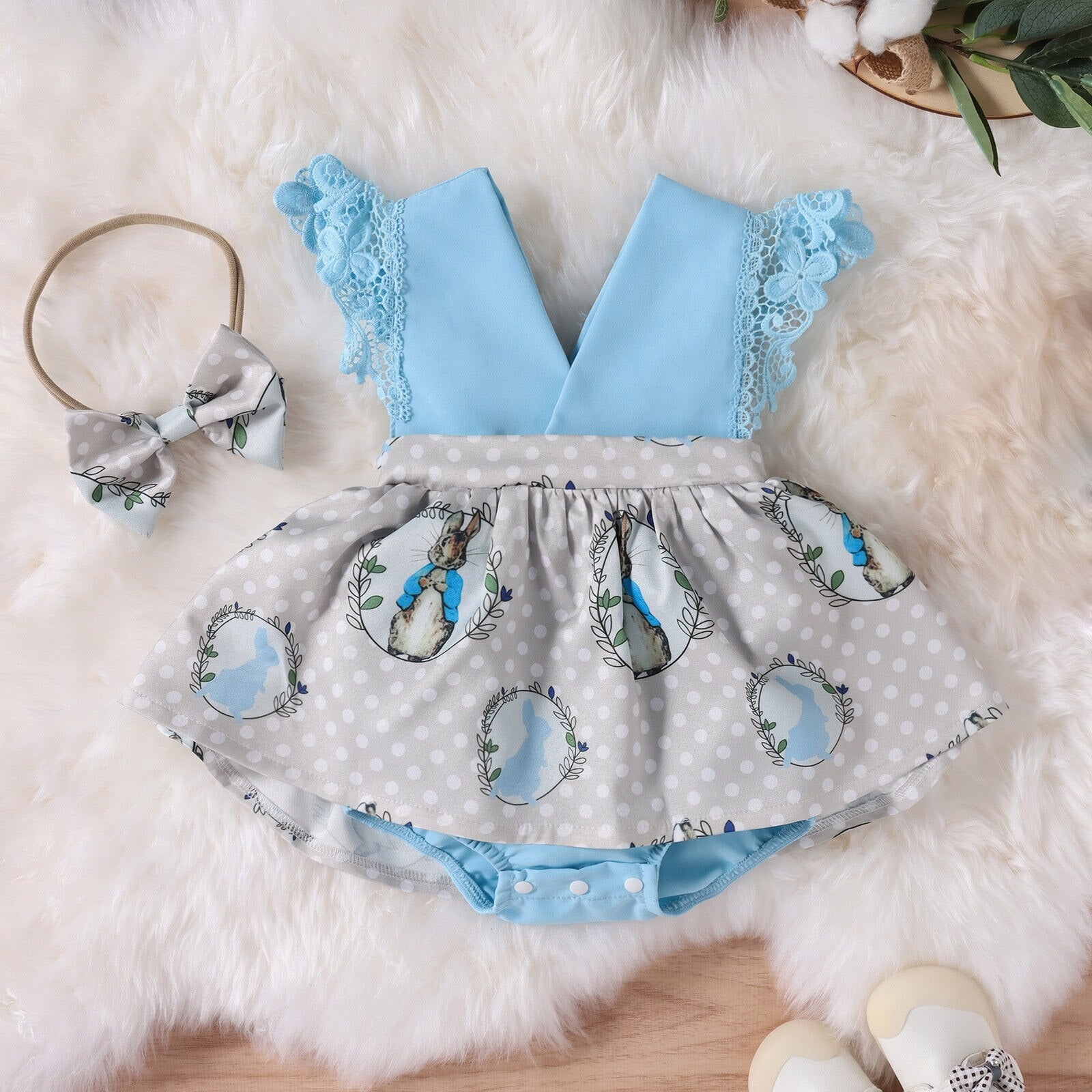 Adorable Easter Baby Girls Romper Dress and Headband Set