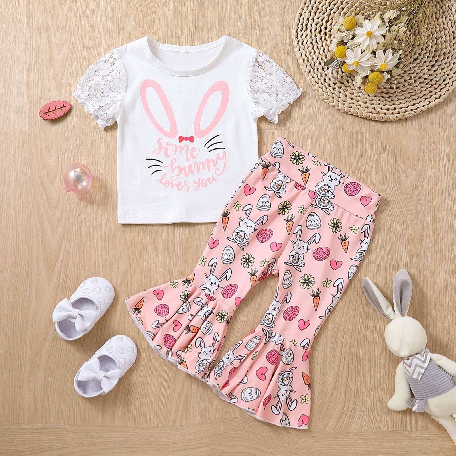 Adorable Easter Outfits for Toddler Girls - Short Sleeve Clothes Sets with Cartoon Rabbit Print T-Shirt and Bell Bottoms