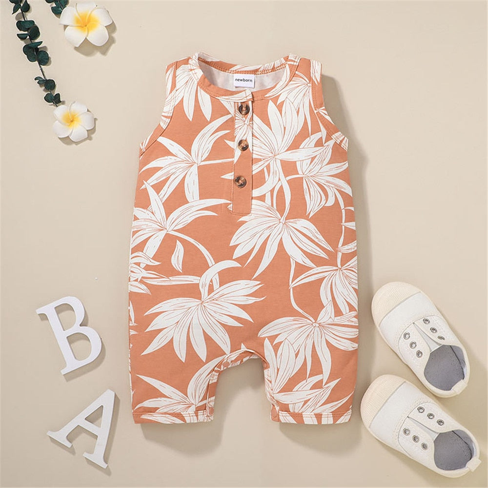 Adorable Summer Sleeveless Rompers for Infants and Toddlers with Cute Leaves Print