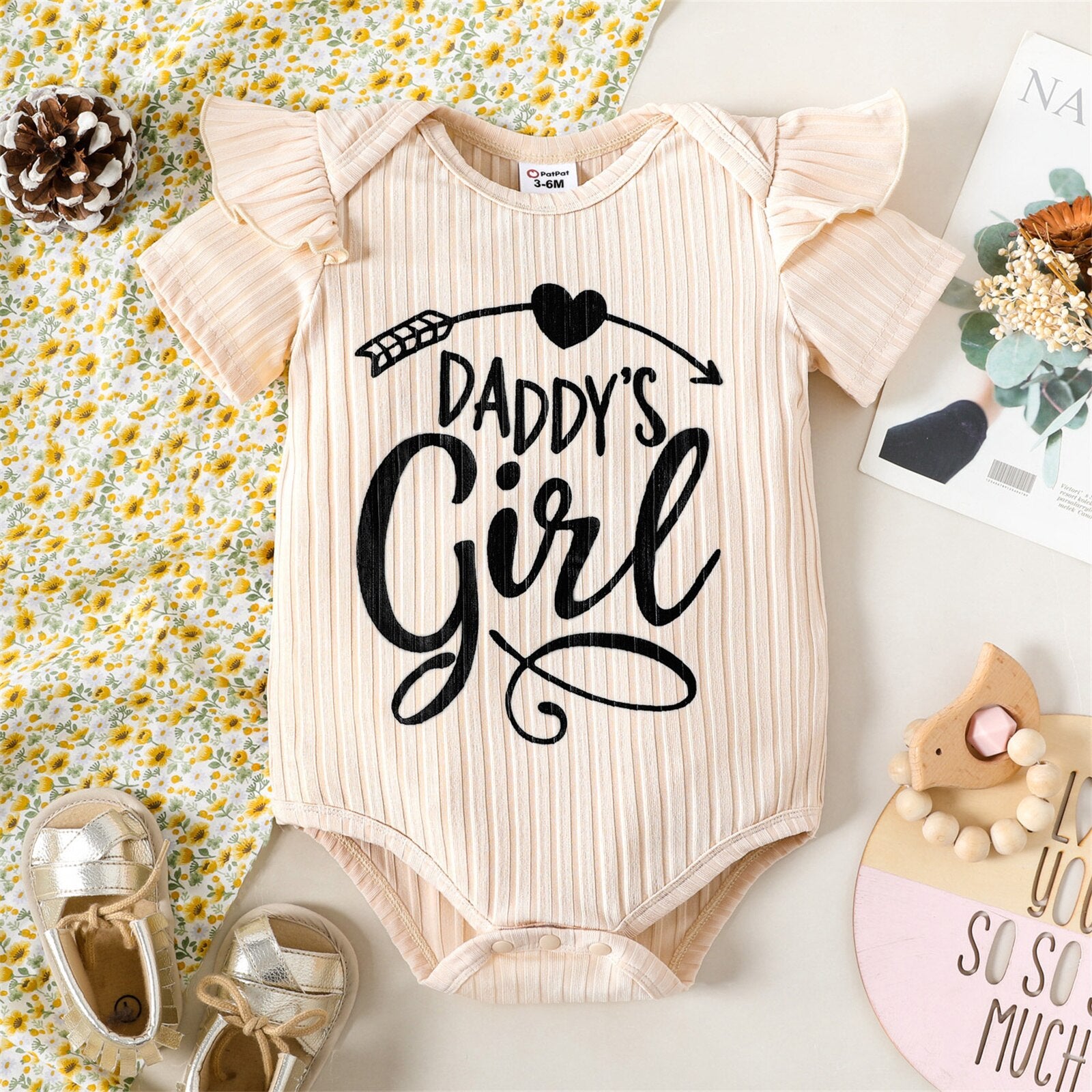 Newbrow Baby Girl Summer Romper with Ribbed Ruffle and Letter Print