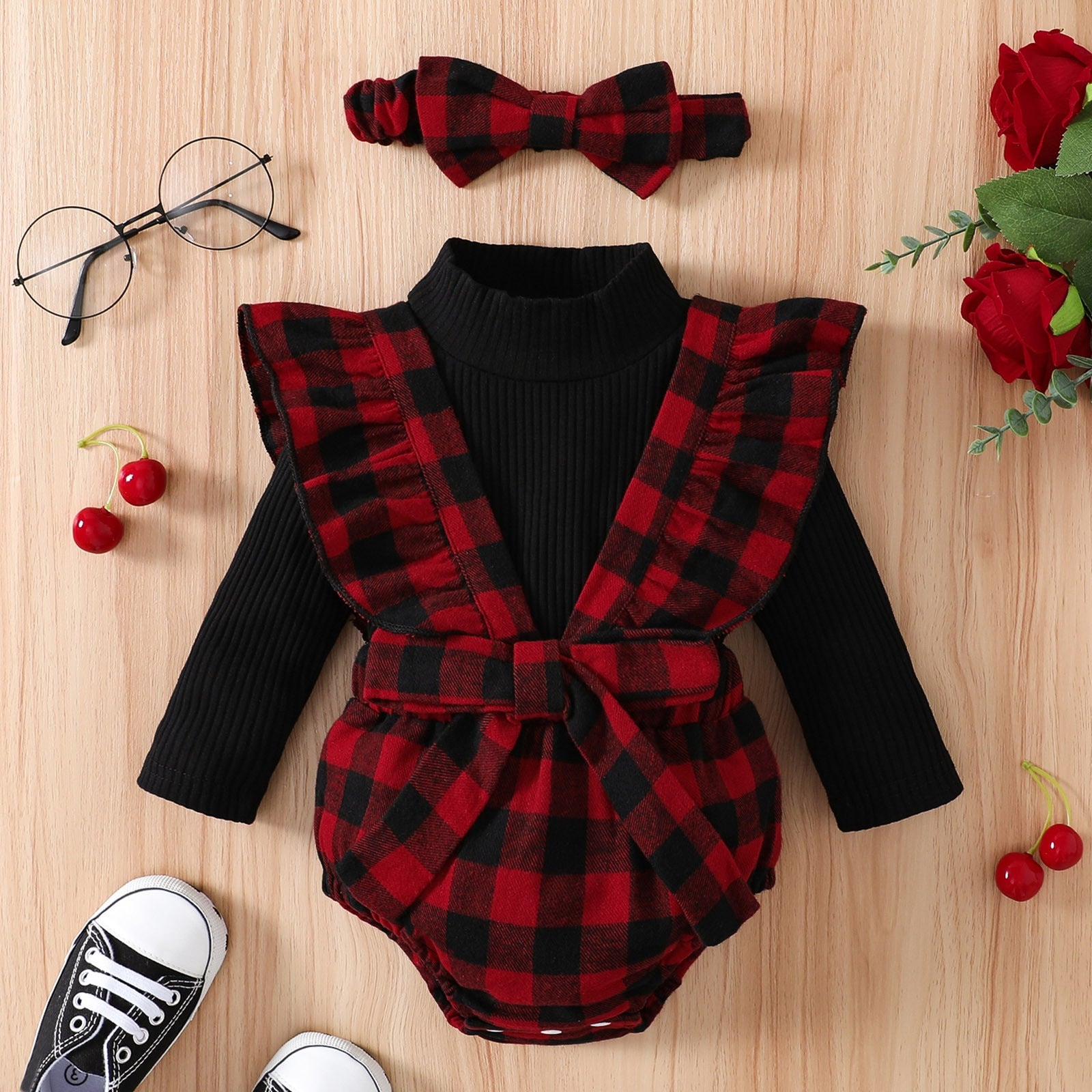 Stylish Baby Girls Clothes Sets for Autumn: Long Sleeve Tops, Plaid Suspenders Shorts, Headband and More!
