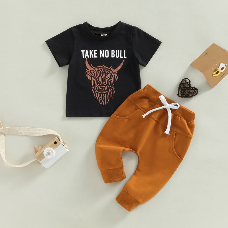 Trendy Summer Toddler Baby Boys Clothes Set - Cow Letter Print T-shirt with Drawstring Pocket Long Pants