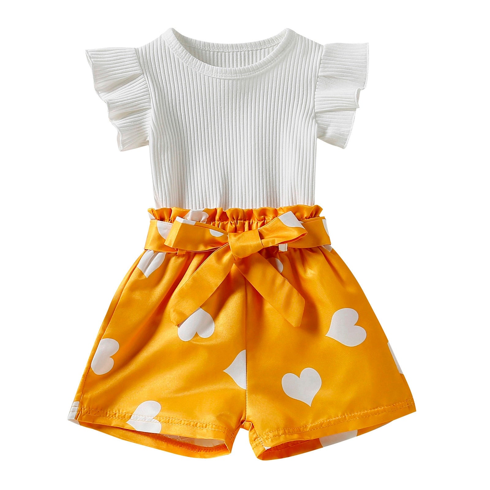 Toddler Girls Valentine's Day Clothing - Summer Fly Sleeve Ribbed Tops Hearts Printed Shorts Kids Outfits Girls Clothes 0-4 Years