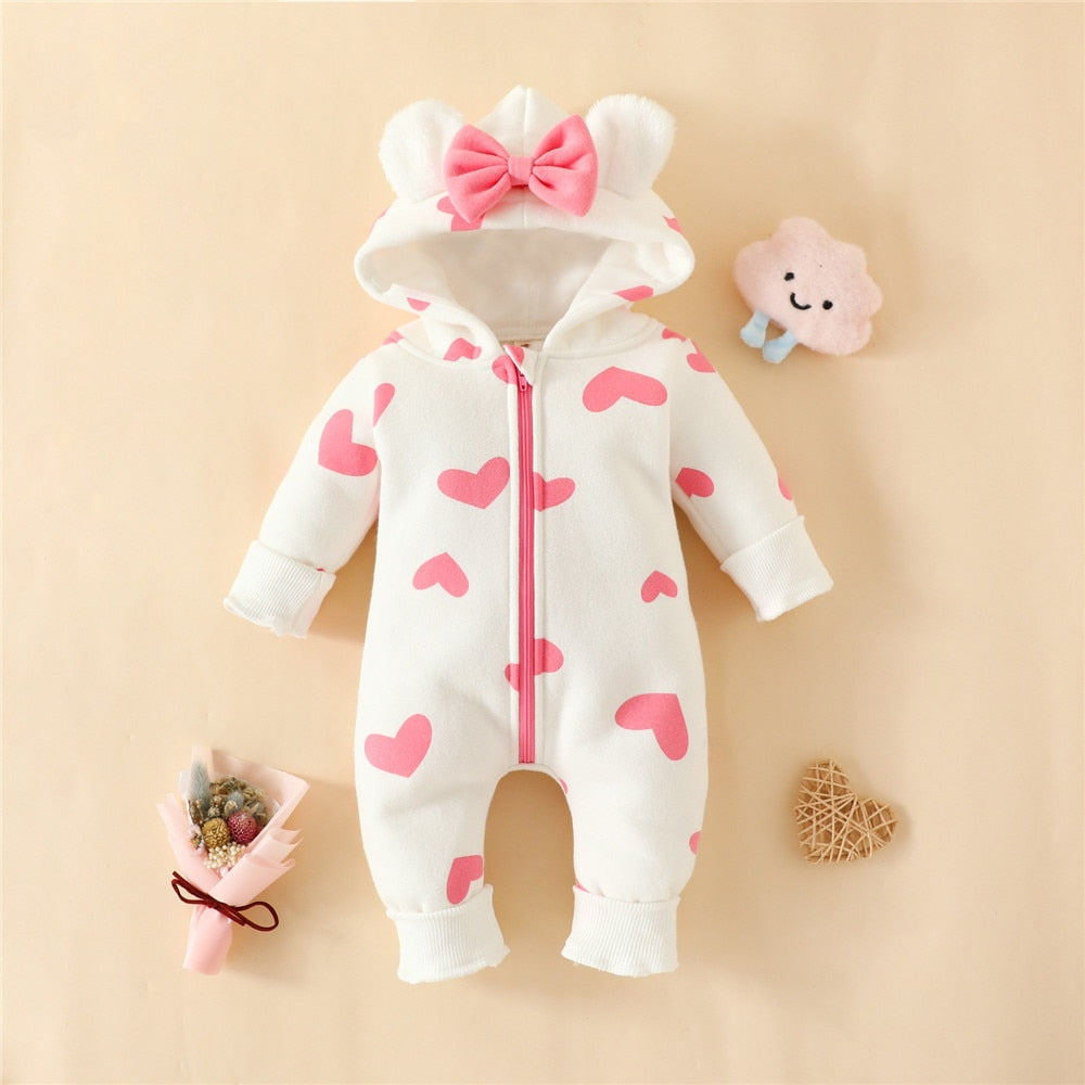Zipper Hooded Jumpsuit for Kids Girls Clothing - Heart Print Baby Costume Valentine's Day Girls Playsuit Newborn Sleepwear