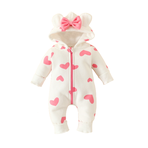 Zipper Hooded Jumpsuit for Kids Girls Clothing - Heart Print Baby Costume Valentine's Day Girls Playsuit Newborn Sleepwear