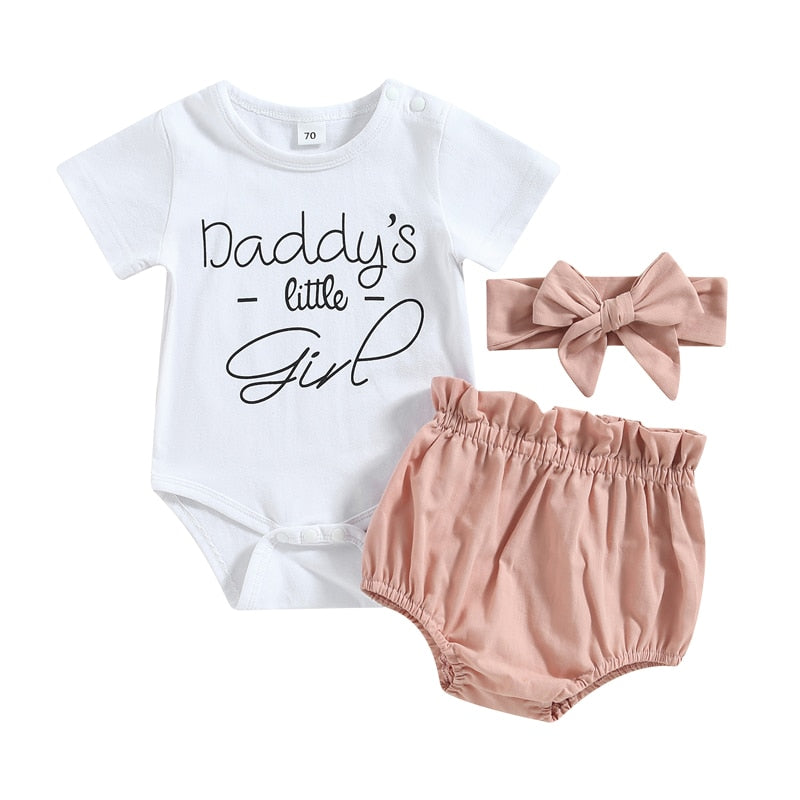 Lovely Baby Girl Summer Clothes Sets 0-18M Letter Print Short Sleeve Bodysuits+Ruffles High Waist Shorts+Headband Outfits
