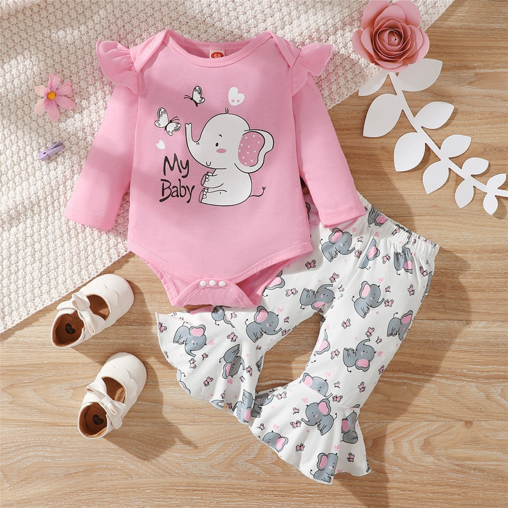 Cute Elephant Printed Baby Clothes Set for Girls