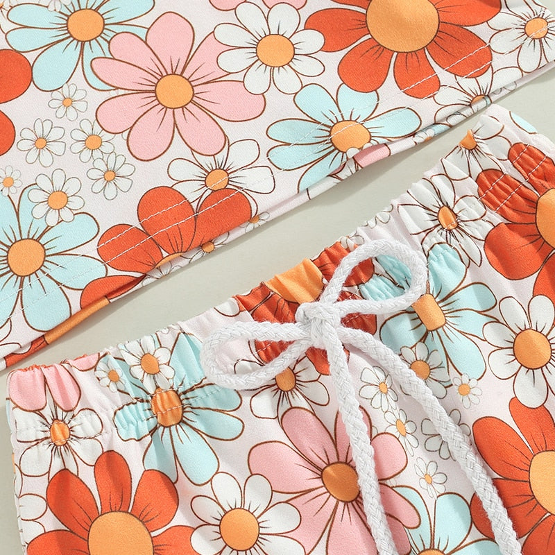 Summer Sunflower Baby Outfits - Short Sleeve T-shirts with Drawstring Shorts for Boys and Girls