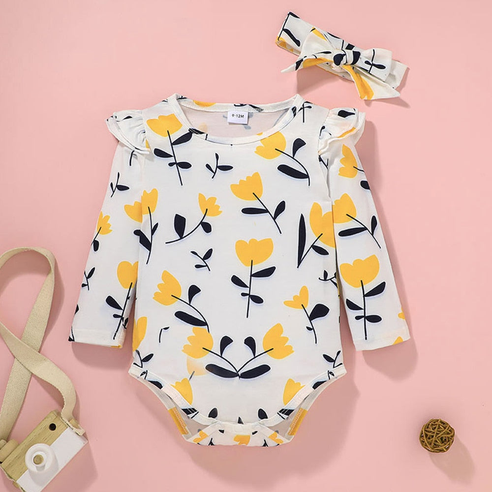 3Pcs Set Infant Toddler Printed Long Sleeve Romper + Trousers +Bandana Newborn Baby Clothes for Girl Cotton Casual Fashion